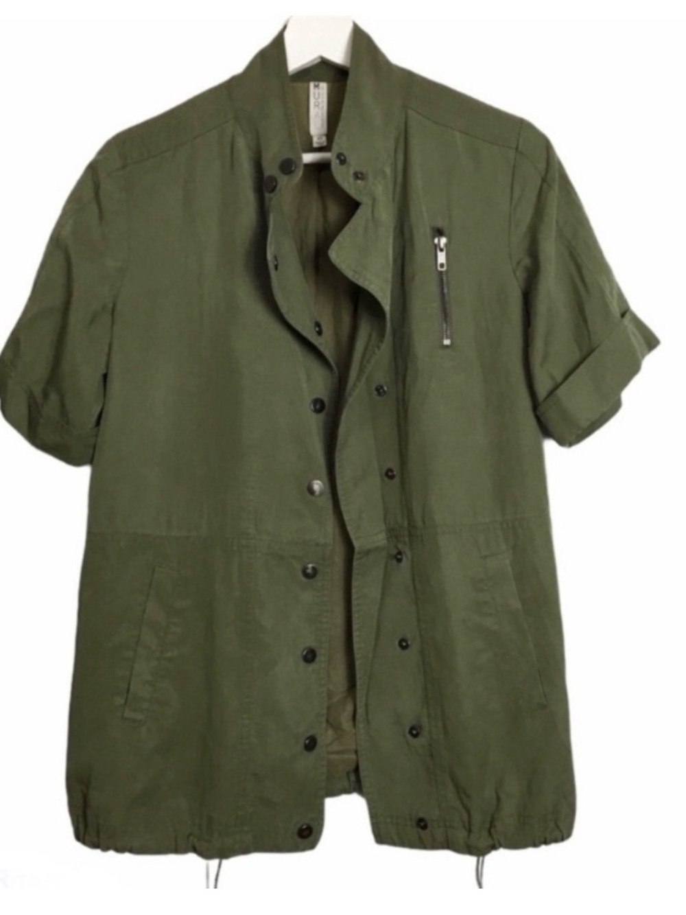Mural Short Sleeve Olive Casual Snap Button Jacket XS